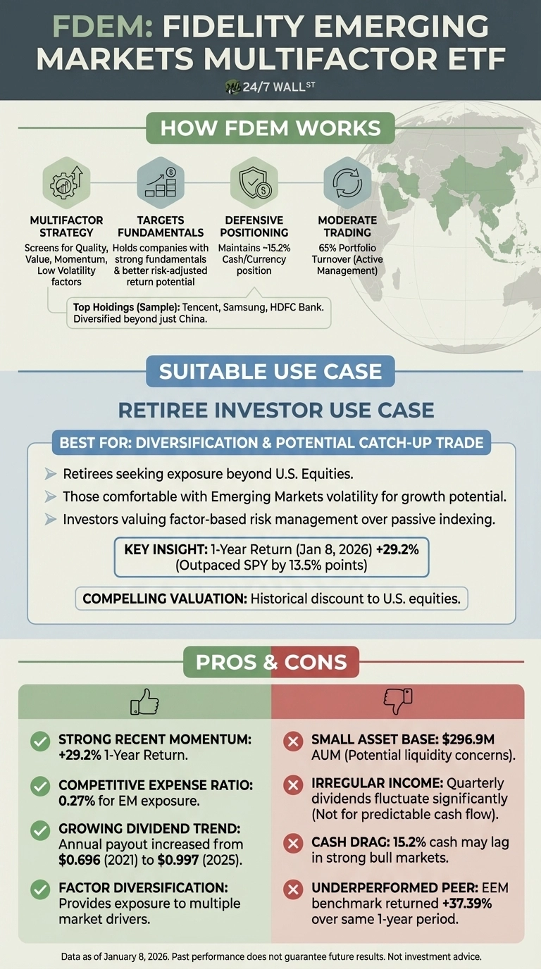 An infographic titled 'FDEM: Fidelity Emerging Markets Multifactor ETF' with a 24/7 Wall St logo. It is divided into three main sections. The 'How FDEM Works' section describes multifactor strategy, targets fundamentals, defensive positioning, moderate trading, and lists sample top holdings like Tencent, Samsung, and HDFC Bank. The 'Suitable Use Case' section highlights the ETF as best for retirees seeking diversification and potential catch-up trade, noting a +29.2% 1-year return and historical discount valuation. The 'Pros & Cons' section lists advantages with green checkmarks including strong momentum (+29.2% 1-year return), competitive expense ratio (0.27%), growing dividend trend, and factor diversification. Disadvantages are listed with red X marks including small asset base ($296.9M AUM), irregular income, cash drag (15.2%), and underperformed peer (EEM benchmark returned +37.39%). Data is as of January 8, 2026.
