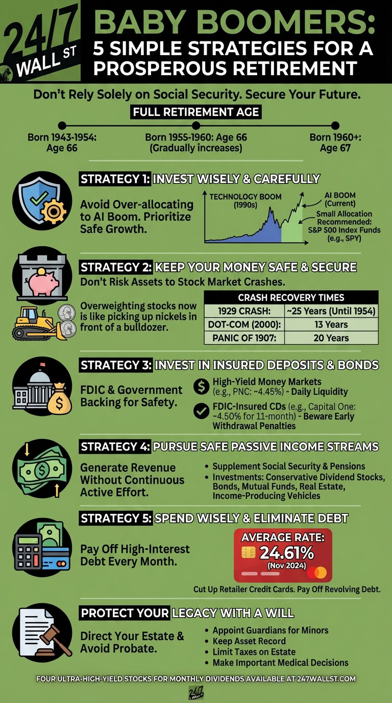 An infographic providing five strategies for Baby Boomers' retirement, illustrated with icons representing investing, savings, passive income, debt management, and estate planning, plus a market trend graph and crash recovery data.