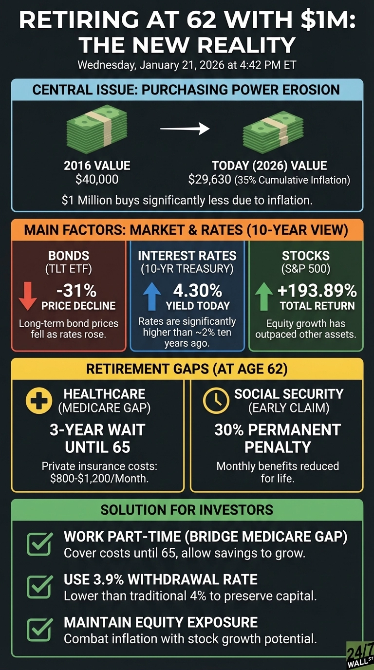 An infographic titled 'Retiring at 62 With $1M: The New Reality' on a dark background. The top section, 'Central Issue: Purchasing Power Erosion,' shows a stack of cash representing $40,000 in 2016 decreasing to $29,630 in 2026 due to 35% cumulative inflation, indicating $1 million buys significantly less. The middle section, 'Main Factors: Market & Rates (10-Year View),' displays three colored boxes: a red box with a down arrow for Bonds (TLT ETF) showing a -31% price decline; a blue box with an up arrow for Interest Rates (10-YR TREASURY) showing a 4.30% yield today, significantly higher than ten years ago; and a green box with an up arrow for Stocks (S&P 500) showing a +193.89% total return. The 'Retirement Gaps (At Age 62)' section has two yellow boxes: one with a plus icon for Healthcare (Medicare Gap) noting a 3-year wait until 65 and $800-$1,200/month private insurance costs; and another with a clock icon for Social Security (Early Claim) noting a 30% permanent penalty. The bottom section, 'Solution for Investors,' lists three recommendations with green checkmarks: 'WORK PART-TIME (BRIDGE MEDICARE GAP),' 'USE 3.9% WITHDRAWAL RATE,' and 'MAINTAIN EQUITY EXPOSURE.'