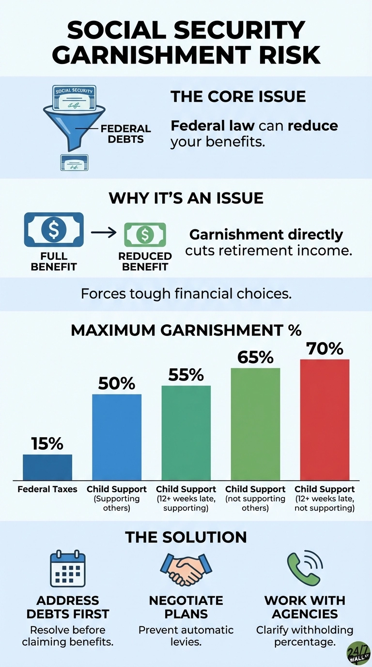 An infographic titled 'Social Security Garnishment Risk' details how federal debts can reduce benefits. It includes a diagram showing Social Security benefits flowing through a funnel with 'FEDERAL DEBTS' labeled, resulting in a reduced benefit. A flow chart illustrates 'Full Benefit' leading to 'Reduced Benefit,' stating garnishment cuts retirement income. A bar chart displays 'Maximum Garnishment %': 15% for Federal Taxes; 50% for Child Support (Supporting others); 55% for Child Support (12+ weeks late, supporting); 65% for Child Support (not supporting others); and 70% for Child Support (12+ weeks late, not supporting). The solution section shows three icons with text: a calendar for 'Address Debts First,' a handshake for 'Negotiate Plans,' and a phone for 'Work With Agencies.'