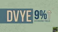 A financial graphic on a light green background with a faint outline of a world map. A blue rectangular banner across the center features the large beige letters 'DVYE'. To the right, the number '9%' with an upward arrow is displayed in dark blue, and below it, 'DIVIDEND YIELD' is written in smaller beige letters. A '24/7 WALL ST' logo is present in the bottom right corner.