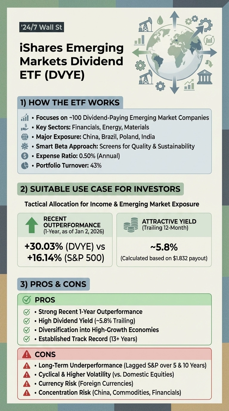 An infographic titled 'iShares Emerging Markets Dividend ETF (DVYE)' provides a detailed analysis. The top section features a stylized globe surrounded by industry icons. Section 1, 'How the ETF Works,' lists its focus on ~100 dividend-paying emerging market companies, key sectors (Financials, Energy, Materials), major exposure countries (China, Brazil, Poland, India), smart beta approach, 0.50% annual expense ratio, and 43% portfolio turnover. Section 2, 'Suitable Use Case for Investors,' highlights recent 1-year outperformance (as of Jan 2, 2026) of +30.03% for DVYE versus +16.14% for S&amp;P 500, and an attractive trailing 12-month yield of ~5.8%. Section 3, 'Pros &amp; Cons,' details benefits such as strong recent 1-year outperformance, high dividend yield, diversification, and an established track record (13+ years), alongside risks like long-term underperformance, cyclicality, currency risk, and concentration risk in China, commodities, and financials.