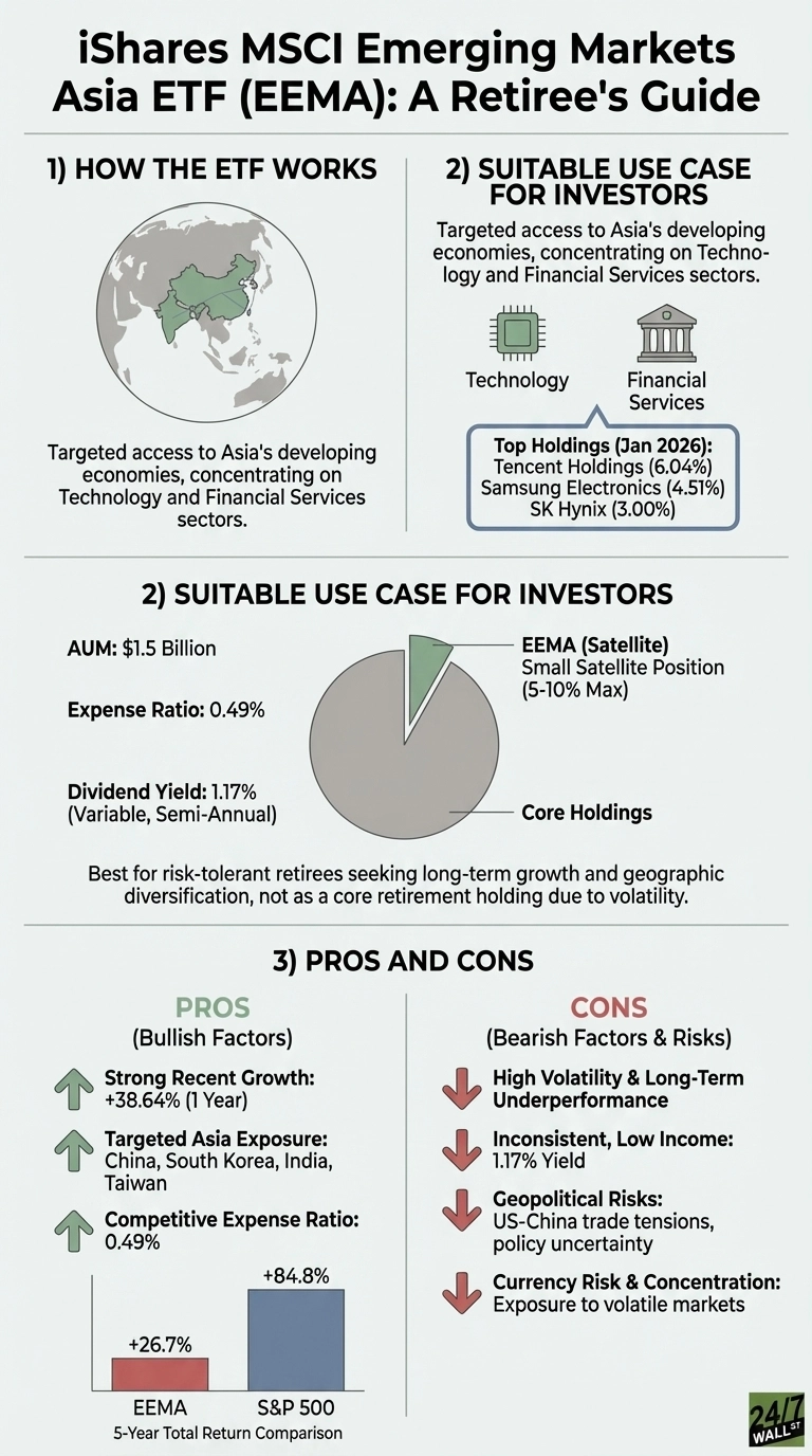 An infographic titled 'iShares MSCI Emerging Markets Asia ETF (EEMA): A Retiree's Guide'. It is divided into three sections. Section 1, 'How the ETF Works', shows a globe highlighting Asia and describes EEMA as targeting Asia's developing economies, focusing on Technology and Financial Services sectors. Section 2, 'Suitable Use Case for Investors', lists AUM ($1.5 Billion), Expense Ratio (0.49%), and Dividend Yield (1.17%), with a pie chart illustrating EEMA as a small satellite position (5-10% Max) versus Core Holdings. It also lists top holdings (Tencent Holdings 6.04%, Samsung Electronics 4.51%, SK Hynix 3.00%). Section 3, 'Pros and Cons', presents bullish factors (strong recent growth of +38.64% in 1 year, Asia exposure to China, South Korea, India, Taiwan, competitive expense ratio of 0.49%) and bearish factors (high volatility, long-term underperformance, inconsistent low income yield of 1.17%, geopolitical risks like US-China trade tensions, and currency risk). A bar chart compares EEMA's +26.7% 5-year return to S&P 500's +84.8% 5-year return.