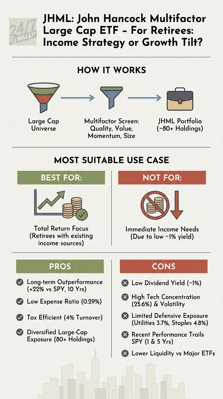 An infographic titled 'JHML: John Hancock Multifactor Large Cap ETF - For Retirees: Income Strategy or Growth Tilt?' It is divided into three main sections. The 'How It Works' section uses a diagram with funnels and a briefcase to show: Large Cap Universe -> Multifactor Screen (Quality, Value, Momentum, Size) -> JHML Portfolio (~80+ Holdings). The 'Most Suitable Use Case' section has two columns: 'Best For' (green, showing a graph trending up with coins, for 'Total Return Focus (Retirees with existing income sources)') and 'Not For' (red, showing coins with a down arrow and a prohibitory sign, for 'Immediate Income Needs (Due to low ~1% yield)'). The 'Pros' and 'Cons' sections are also in two columns. Pros (green checkmarks) include: Long-term Outperformance (+22% vs SPY, 10 Yrs), Low Expense Ratio (0.29%), Tax Efficient (4% Turnover), and Diversified Large-Cap Exposure (80+ Holdings). Cons (red 'X' marks) include: Low Dividend Yield (~1%), High Tech Concentration (25.6%) &amp; Volatility, Limited Defensive Exposure (Utilities 3.7%, Staples 4.8%), Recent Performance Trails SPY (1 &amp; 5 Yrs), and Lower Liquidity vs Major ETFs.