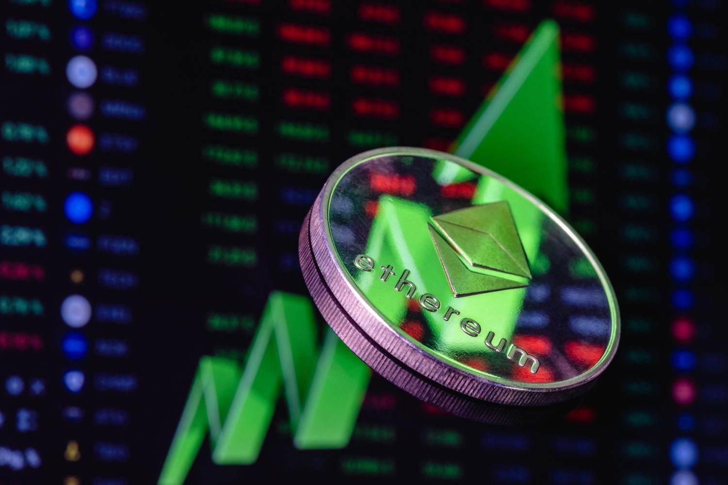 Ethereum coin on the background of a large green arrow pointing up. The concept of Ethereum exchange rate growth.