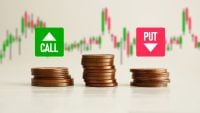 PUT and CALL button on Binary Option Background with candlestick chart and coins. Currency exchange market price