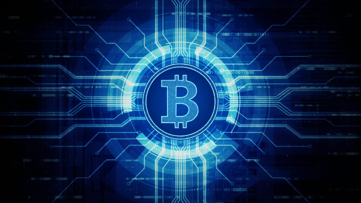 Futuristic blue circuit board with glowing Bitcoin symbol and binary code, representing cryptocurrency, blockchain, and digital finance. 3d Rendering