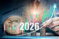 Businessman man and Stack Of Coins with growing income profit graph of Cryptocurrency bitcoin port. Investor put coin step, investment, saving, banking in 2026 concept.