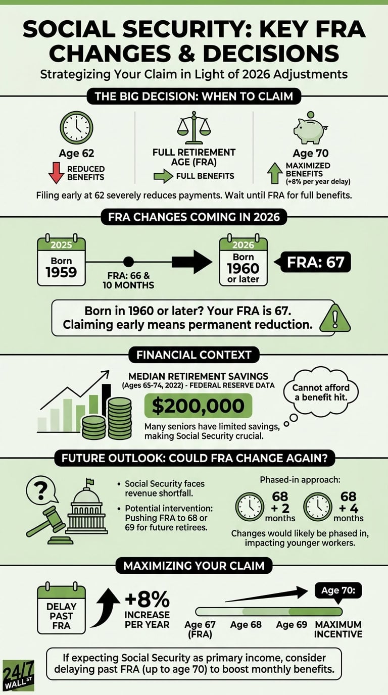 An infographic detailing Social Security claiming decisions, illustrating how benefits are reduced at age 62, full at FRA (which shifts to 67 for those born 1960+), and maximized at age 70. It also shows median retirement savings and potential future increases to the FRA.