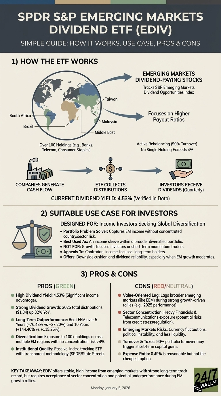 An infographic titled 'SPDR S&P Emerging Markets Dividend ETF (EDIV): Simple Guide' details the ETF's functions, use cases, pros, and cons. Section 1, 'How the ETF Works,' features a world map highlighting Brazil, South Africa, Taiwan, Malaysia, and the Middle East, explaining EDIV tracks emerging markets dividend-paying stocks with over 100 holdings, focusing on higher payout ratios and active rebalancing. A flowchart illustrates companies generating cash flow, the ETF collecting distributions, and investors receiving quarterly dividends, noting a current dividend yield of 4.53%. Section 2, 'Suitable Use Case for Investors,' describes it as designed for income investors seeking global diversification, acting as an income sleeve, appealing to long-term holders, and offering downside cushion. It explicitly states it's not for growth-focused or short-term traders. Section 3, 'Pros & Cons,' lists advantages in green (4.53% high dividend yield, strong dividend growth, long-term outperformance against EEM over 5 and 10 years, diversification across 100+ holdings, institutional quality) and disadvantages in red/neutral (value-oriented lag during growth rallies, heavy sector concentration in Financials & Telecom, emerging markets risks like currency fluctuations, 90% portfolio turnover triggering short-term capital gains, and a 0.49% expense ratio). A key takeaway summarizes EDIV's stable high income with trade-offs. The infographic is dated Monday, January 5, 2026, and includes a '24/7 WALL ST' logo.