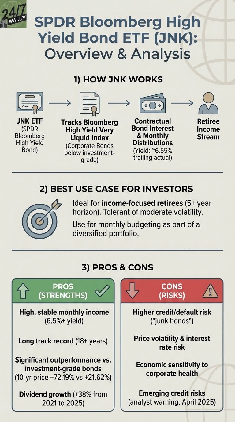 An infographic titled 'SPDR Bloomberg High Yield Bond ETF (JNK): Overview & Analysis.' It is divided into three sections. Section 1, 'HOW JNK WORKS,' is a horizontal flowchart showing JNK ETF leading to 'Tracks Bloomberg High Yield Very Liquid Index' (corporate bonds below investment-grade), then to 'Contractual Bond Interest & Monthly Distributions' (yield ~6.55% trailing actual), and finally to 'Retiree Income Stream.' Section 2, 'BEST USE CASE FOR INVESTORS,' features a target icon and text describing it as ideal for income-focused retirees (5+ year horizon), tolerant of moderate volatility, and for monthly budgeting as part of a diversified portfolio. Section 3, 'PROS & CONS,' is a two-column table. The green 'PROS (STRENGTHS)' column lists: High, stable monthly income (6.5%+ yield); Long track record (18+ years); Significant outperformance vs. investment-grade bonds (10-yr price +72.19% vs +21.62%); and Dividend growth (+38% from 2021 to 2025). The red 'CONS (RISKS)' column lists: Higher credit/default risk ('junk bonds'); Price volatility & interest rate risk; Economic sensitivity to corporate health; and Emerging credit risks (analyst warning, April 2025).