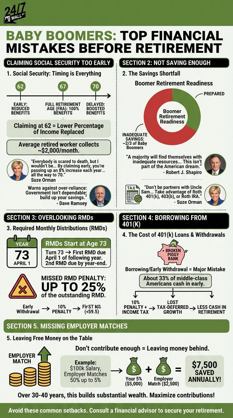 An infographic titled 'Baby Boomers: Top Financial Mistakes Before Retirement' uses timelines, a pie chart, icons of a piggy bank and money bags, and quotes from financial experts to detail five common financial errors.