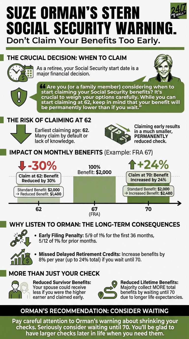 An infographic titled 'Suze Orman's Stern Social Security Warning: Don't Claim Your Benefits Too Early.' It visually compares Social Security benefits across different claiming ages, showing a 30% reduction at age 62 versus a 24% increase at age 70 relative to the full retirement age of 67.
