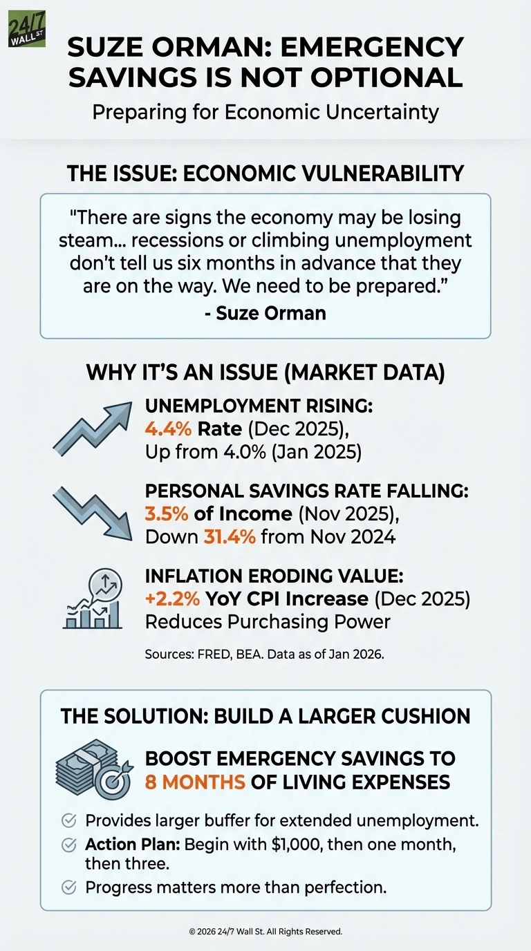 A financial infographic titled 'Suze Orman: Emergency Savings Is Not Optional - Preparing for Economic Uncertainty' on a light gray background. It features a quote from Suze Orman about the economy not giving advance notice of recessions. The infographic then presents market data with icons: an upward arrow for unemployment rising to 4.4% (Dec 2025), a downward arrow for personal savings rate falling to 3.5% of income (Nov 2025), and a bar chart with an upward arrow for inflation at +2.2% YoY CPI (Dec 2025). The solution section shows a stack of cash with a target, recommending 8 months of living expenses in emergency savings, with an action plan and the motto 'Progress matters more than perfection'.