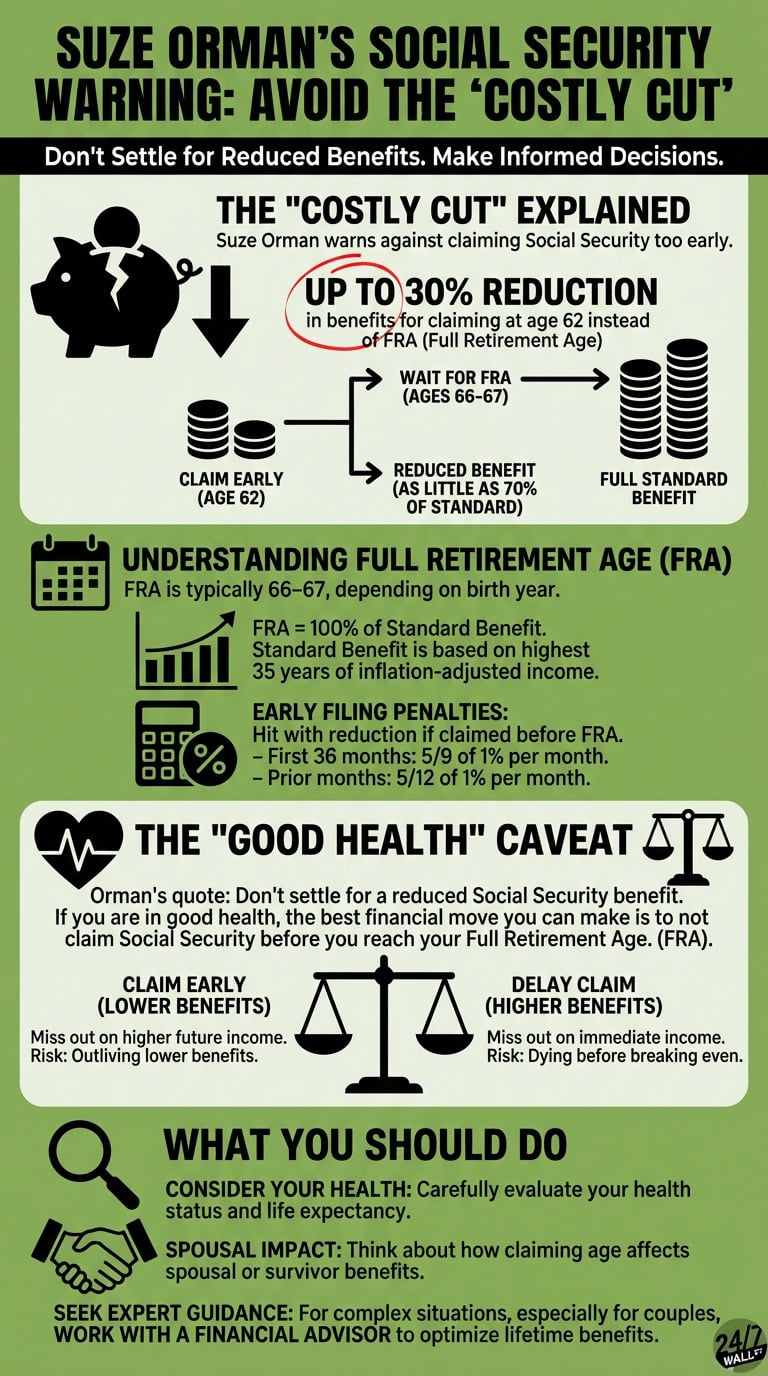 An infographic visually explains Suze Orman's warning about the 'costly cut' in Social Security benefits from claiming too early, showing a cracked piggy bank, benefit reduction percentages, and advice on claiming decisions.