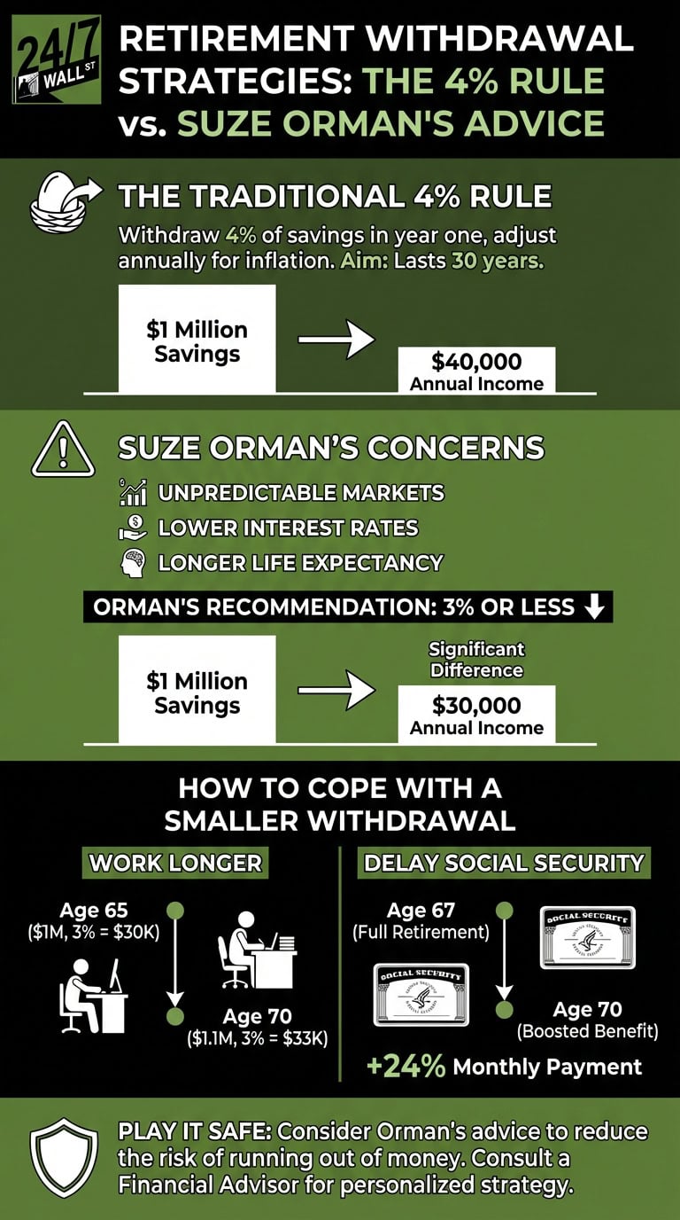 An infographic contrasting the 4% retirement withdrawal rule with Suze Orman's recommendation of 3% or less, outlining the financial implications and coping strategies.