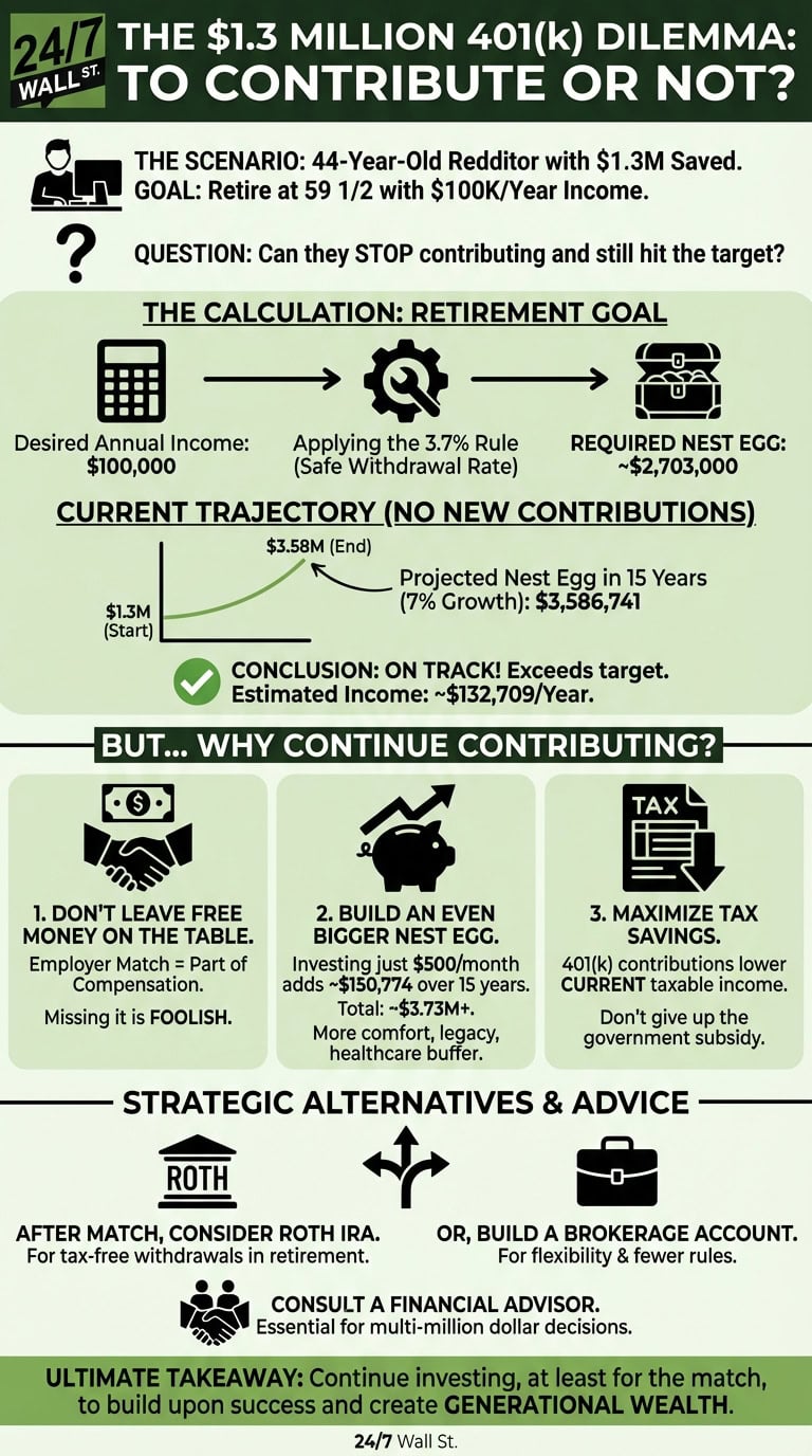 An infographic analyzing a $1.3 million 401(k) retirement dilemma, showing calculations for required nest egg, projected growth, and reasons to continue contributing, along with alternative investment strategies and advice.