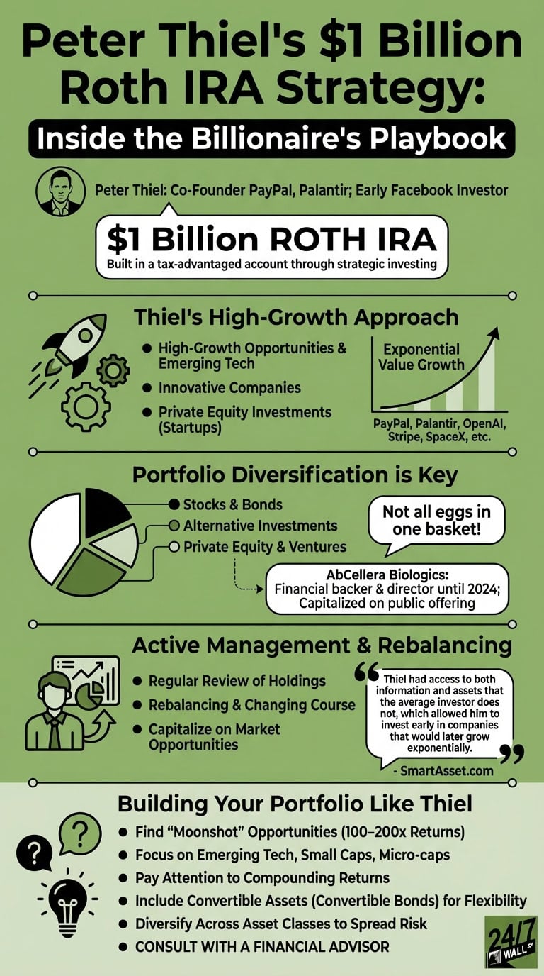 An infographic illustrating Peter Thiel's investment strategy for building a $1 billion Roth IRA, featuring sections on high-growth investments, portfolio diversification, active management, and tips for replicating his approach.