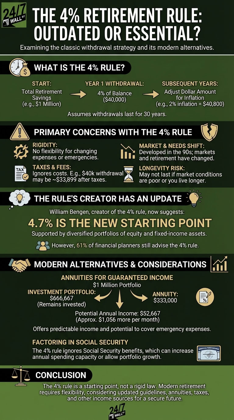 An infographic explaining the 4% retirement rule, its concerns, an updated 4.7% suggestion from its creator, and alternative retirement income strategies. It visually compares the original rule to new considerations for a secure future.