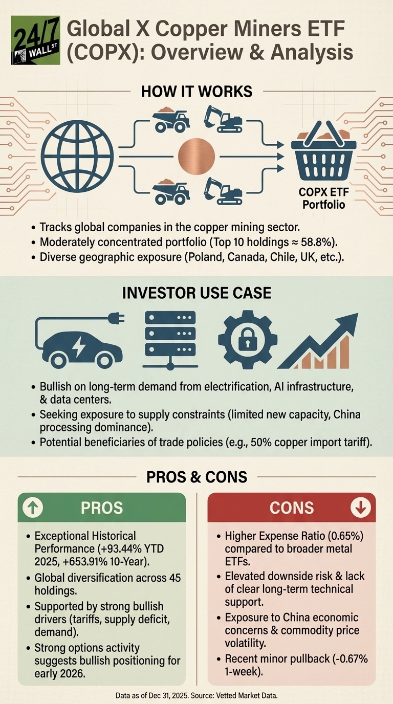 An infographic titled 'Global X Copper Miners ETF (COPX): Overview & Analysis'. The infographic is divided into three main sections. The 'How It Works' section shows a global icon connecting to copper mining illustrations (trucks, excavators, copper ore) which then connect to a shopping basket labeled 'COPX ETF Portfolio'. Text below describes it tracks global companies, has a concentrated portfolio, and diverse geographic exposure. The 'Investor Use Case' section features icons of an electric car, data servers, a locked gear, and an upward trend graph, with text detailing demand from electrification and AI, exposure to supply constraints, and potential trade policy benefits. The 'Pros & Cons' section is presented in two columns. The left column, labeled 'Pros' in a green box with an up arrow, lists exceptional historical performance (+93.44% YTD 2025, +653.91% 10-Year), global diversification across 45 holdings, support from bullish drivers, and strong options activity. The right column, labeled 'Cons' in a red box with a down arrow, lists a higher expense ratio (0.65%), elevated downside risk, exposure to China economic concerns, and a recent minor pullback (-0.67% 1-week). The infographic also notes 'Data as of Dec 31, 2025. Source: Vetted Market Data'.