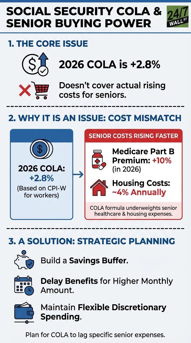 An infographic titled 'Social Security COLA & Senior Buying Power' is divided into three sections on a light blue background. Section 1, 'The Core Issue', states '2026 COLA is +2.8%' with a dollar icon and upward arrow, and 'Doesn't cover actual rising costs for seniors.' with a crossed-out shopping cart icon. Section 2, 'Why It Is An Issue: Cost Mismatch', shows a blue box with '2026 COLA: +2.8% (Based on CPI-W for workers)' next to a red box titled 'Senior Costs Rising Faster' that lists 'Medicare Part B Premium: +10% (in 2026)' with a medicine icon, and 'Housing Costs: ~4% Annually' with a house icon. Text below the red box explains the COLA formula underweights senior healthcare and housing expenses. Section 3, 'A Solution: Strategic Planning', provides three tips with icons: 'Build a Savings Buffer' (piggy bank), 'Delay Benefits for Higher Monthly Amount' (calendar), and 'Maintain Flexible Discretionary Spending' (wallet). Text below this section advises planning for COLA to lag specific senior expenses.