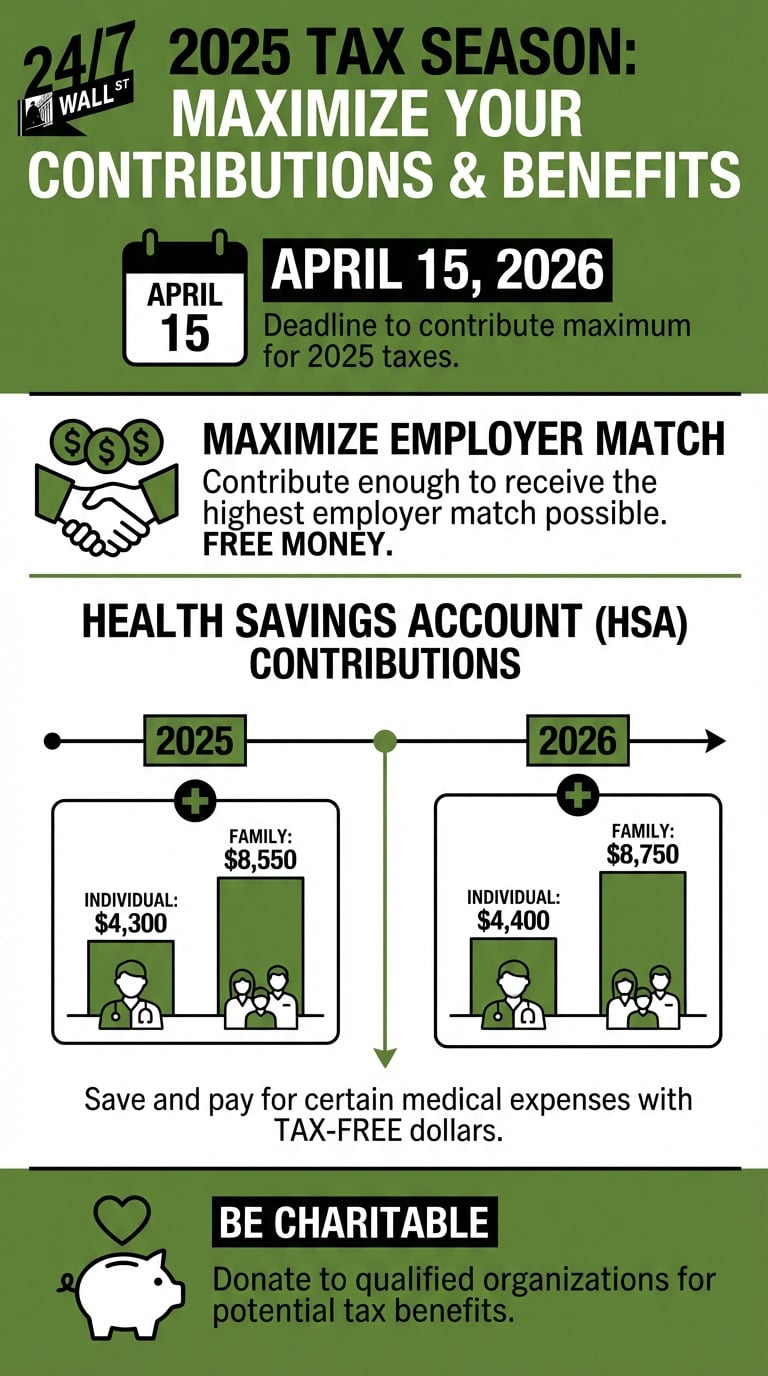 An infographic outlining tax tips for the 2025 season, including the April 15, 2026 deadline, employer match, and HSA contribution limits for 2025 and 2026, alongside a prompt to be charitable.