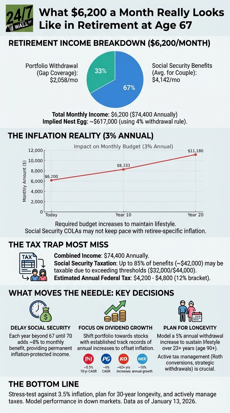 An infographic titled 'What $6,200 a Month Really Looks Like in Retirement at Age 67'. It features a pie chart showing a retirement income breakdown: 67% ($4,142/mo) from Social Security Benefits and 33% ($2,058/mo) from Portfolio Withdrawal, totaling $6,200/month. Below, a line graph illustrates the impact of 3% annual inflation on a monthly budget, showing an increase from $6,200 today to $8,333 in Year 10 and $11,180 in Year 20. The 'Tax Trap' section details combined income of $74,400 annually, up to 85% of Social Security benefits being taxable, and an estimated annual federal tax of $4,200-$4,800. The 'Key Decisions' section suggests delaying Social Security, focusing on dividend growth stocks like JNJ, PG, KO, and NEE with their respective CAGRs or growth metrics, and planning for longevity with active tax management. The bottom line emphasizes stress-testing against inflation and planning for 30-year longevity, with data as of January 13, 2026.