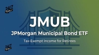 A digital graphic featuring large white text 'JMUB' centered, with 'JPMorgan Municipal Bond ETF' and 'Tax-Exempt Income for Retirees' beneath it. The background shows a faded, stylized blue bridge and shield design over a blue-to-green gradient. Two '24/7 WALL ST' logos are in the lower-left and upper-left corners.