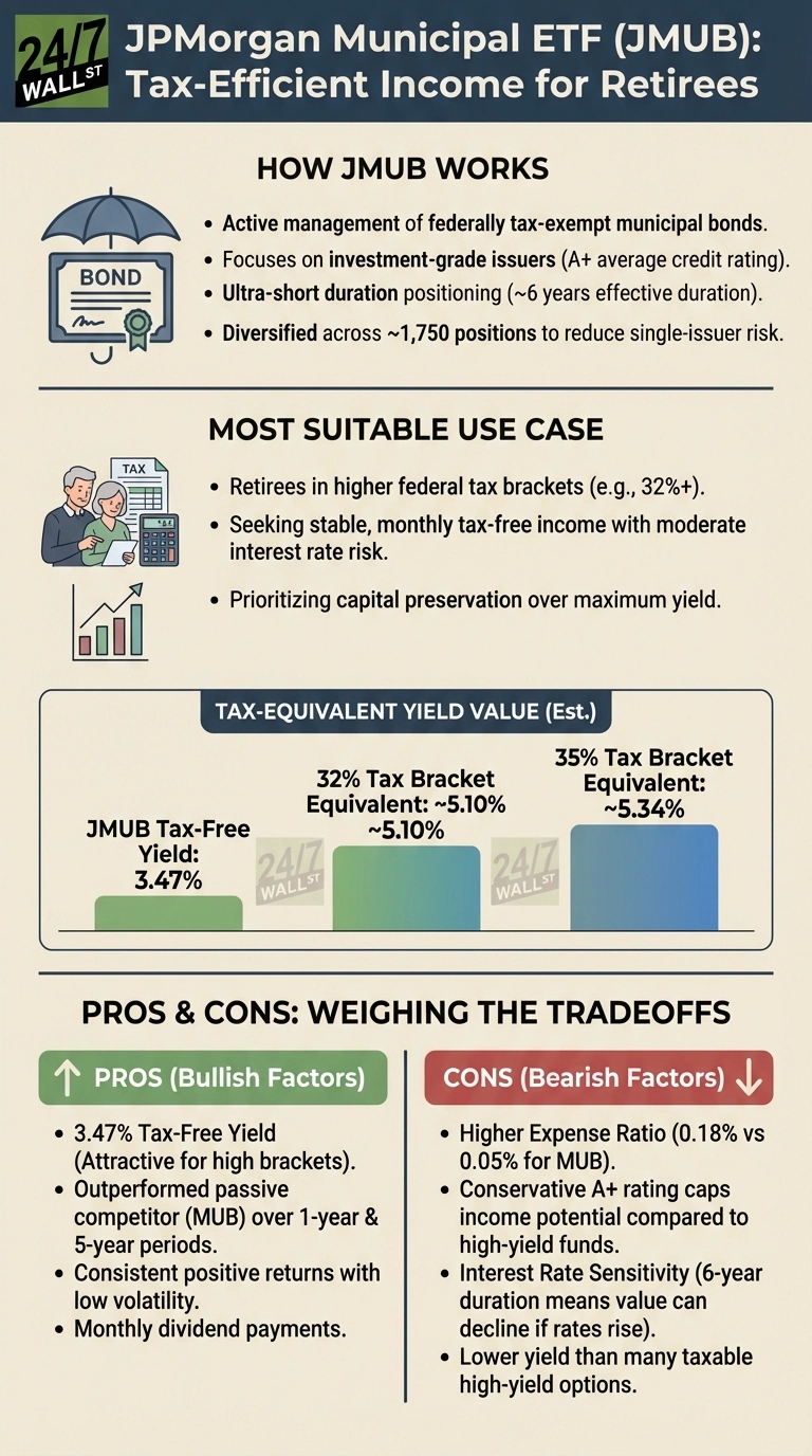 An infographic titled 'JPMorgan Municipal ETF (JMUB): Tax-Efficient Income for Retirees' on a dark blue and light beige background. It outlines how JMUB works, including active management of tax-exempt municipal bonds and diversification. It lists suitable use cases for retirees in high federal tax brackets. A bar chart section, 'TAX-EQUIVALENT YIELD VALUE (Est.)', displays JMUB's 3.47% tax-free yield, equivalent to ~5.10% for a 32% tax bracket and ~5.34% for a 35% tax bracket. The final section, 'PROS & CONS: WEIGHING THE TRADEOFFS', is divided into two columns: 'PROS (Bullish Factors)' in green, listing advantages like 3.47% tax-free yield and monthly dividends; and 'CONS (Bearish Factors)' in red, detailing disadvantages such as a higher expense ratio, conservative rating limits, interest rate sensitivity, and lower yield compared to some taxable options.