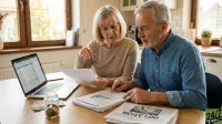 An elderly couple sits at a wooden table, intensely focused on financial papers. The woman, with blonde hair, holds reading glasses while looking at documents. The man, with grey hair and a beard, points to charts on a document. On the table, there's a laptop displaying a spreadsheet, a jar of coins, some cash, and a newspaper with the word 'INFLATION' visible in the headline. A sunlit window is in the background.