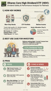 An infographic titled 'iShares Core High Dividend ETF (HDV): Dividend Safety & Performance Analysis for Retirees.' Section 1, 'How HDV Works,' illustrates a flow: Blue-Chip Stocks (represented by industry, residential, and consumer icons) feed into an ETF Portfolio (a shield with a dollar sign), which then generates Retiree Income (a hand holding dollar coins). This section details HDV's Net Assets ($11.8 Billion), Expense Ratio (0.08%), Track Record (14+ Years), and top 3 Sector Allocations: Consumer Staples 28%, Energy 24%, Healthcare 17%. Section 2, 'Best Use Case for Investors,' features an image of an elderly couple and specifies the fund is for retirees seeking high current income from defensive companies, with a focus on yield. It highlights a 3.3% Dividend Yield (2.5x higher than SPY's ~1.3% as of Jan 7, 2026) and a defensive focus in Consumer Staples, Healthcare, and Utilities (53.6%). Section 3, 'Pros,' lists: High Current Income (3.3% yield), Ultra-Low Cost (0.08% expense ratio), and Blue-Chip Holdings (Top 10 are dividend aristocrats). Section 3, 'Cons & Risks,' lists: Dividend Volatility (payments fluctuate 30-60% quarterly, 2025 payments declined 4.9% from 2024), Poor Total Return (lags broad market, 1-Year Return ~14.6% vs SPY ~18.3%, 10-Year Price Appreciation +134.52% vs SPY +233.81%, illustrated by a bar chart comparing HDV and SPY), and Concentration Risk (heavy exposure to Energy 23.5% and Tobacco ~9%, top 5 holdings = 28.5%). The infographic is dated January 7, 2026.