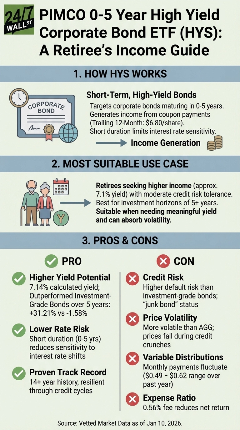 An infographic titled 'PIMCO 0-5 Year High Yield Corporate Bond ETF (HYS): A Retiree's Income Guide'. The graphic is divided into three main sections. Section 1, 'How HYS Works', explains it targets short-term, high-yield corporate bonds maturing in 0-5 years, generating income from coupon payments ($6.80/share trailing 12-month) and limiting interest rate sensitivity. It features an icon of a corporate bond certificate, a clock, a globe, and coins representing income generation. Section 2, 'Most Suitable Use Case', indicates it's for retirees seeking higher income (approx. 7.1% yield) with moderate credit risk tolerance, for investment horizons of 5+ years, and who can absorb volatility. It includes icons of an elderly couple, a calendar, and a 'Y' symbol. Section 3, 'Pros & Cons', lists three pros with green checkmarks: 'Higher Yield Potential' (7.14% calculated yield, outperformed Investment-Grade Bonds over 5 years by +31.21% vs -1.58%), 'Lower Rate Risk' (short duration 0-5 years), and 'Proven Track Record' (14+ year history). It lists four cons with red 'X' marks: 'Credit Risk' (higher default risk, 'junk bond' status), 'Price Volatility' (more volatile than AGG, prices fall during credit crunches), 'Variable Distributions' (monthly payments fluctuate $0.49-$0.62 over past year), and 'Expense Ratio' (0.56% fee). Source: Vetted Market Data as of Jan 10, 2026.