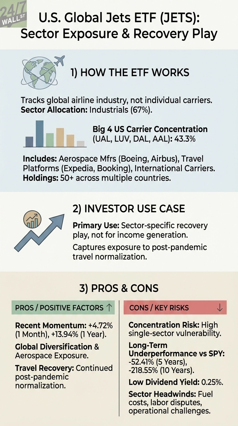 An infographic titled 'U.S. Global Jets ETF (JETS): Sector Exposure & Recovery Play'. Section 1, 'HOW THE ETF WORKS', features a globe and airplane icon, describing JETS as tracking the global airline industry with 67% Industrials allocation. A bar chart illustrates the 43.3% concentration in top 4 US carriers (UAL, LUV, DAL, AAL). It also lists included sectors like Aerospace Mfrs and Travel Platforms. Section 2, 'INVESTOR USE CASE', shows a rising graph arrow icon, explaining JETS as a sector-specific recovery play for post-pandemic travel. Section 3, 'PROS & CONS', is divided into two columns. 'PROS / POSITIVE FACTORS' highlights recent momentum (+4.72% 1 Month, +13.94% 1 Year), global diversification, and travel recovery. 'CONS / KEY RISKS' lists concentration risk, long-term underperformance versus SPY (-52.41% 5 Years, -218.55% 10 Years), low dividend yield (0.25%), and sector headwinds.