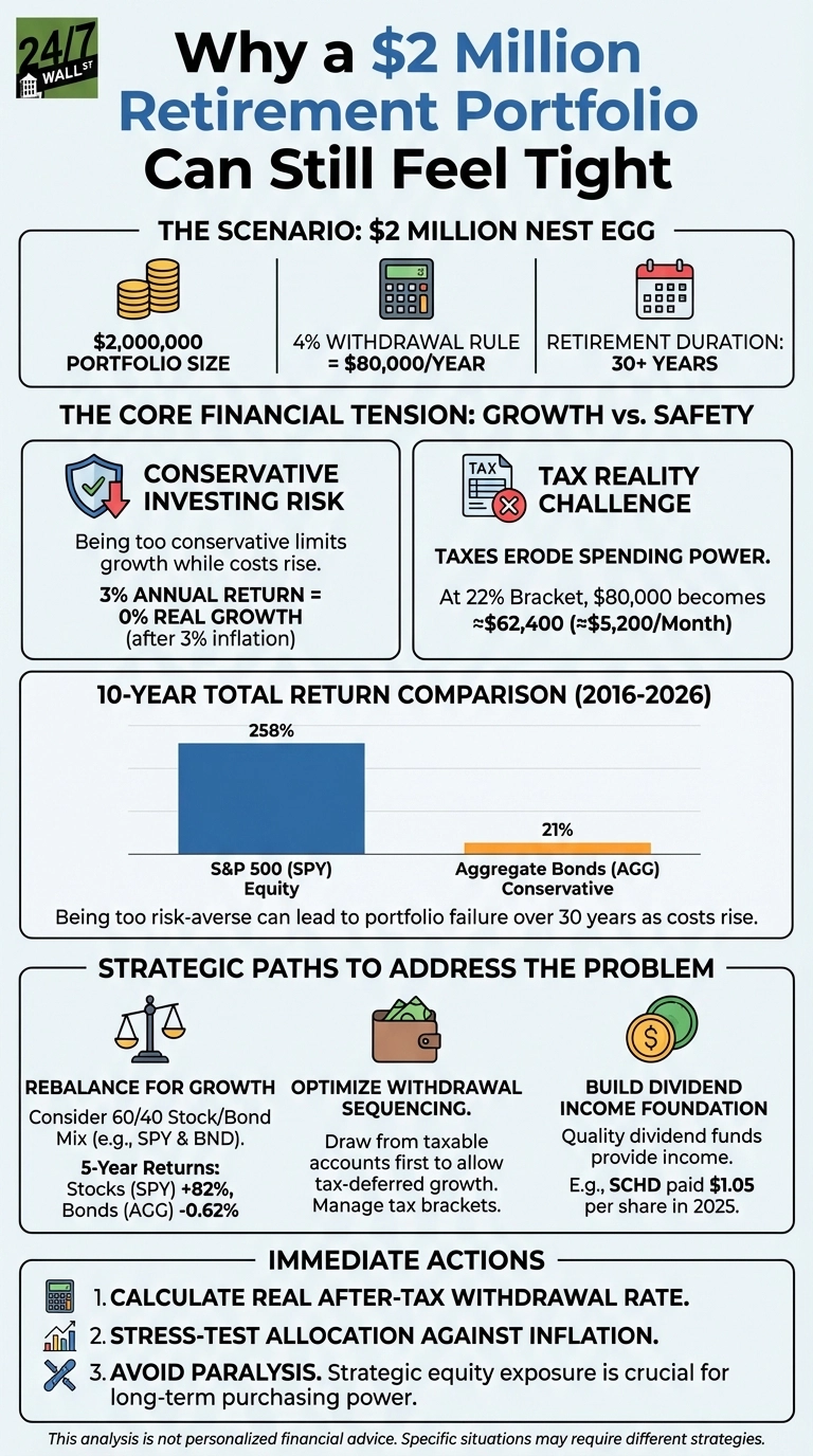An infographic titled 'Why a $2 Million Retirement Portfolio Can Still Feel Tight.' It presents a scenario of a $2 million nest egg with a 4% withdrawal rule ($80,000/year) and a 30+ year retirement duration. It identifies conservative investing risk (3% annual return equals 0% real growth after 3% inflation) and tax reality (reducing $80,000 to ~$62,400 after 22% tax) as core financial tensions. A bar chart compares 10-year total returns (2016-2026) showing S&P 500 (SPY) Equity at 258% and Aggregate Bonds (AGG) Conservative at 21%. Strategic paths to address the problem include 'Rebalance for Growth' (e.g., 60/40 stock/bond mix), 'Optimize Withdrawal Sequencing' (draw from taxable accounts first), and 'Build Dividend Income Foundation.' Immediate actions are to calculate the real after-tax withdrawal rate, stress-test allocation against inflation, and avoid paralysis by embracing strategic equity exposure.
