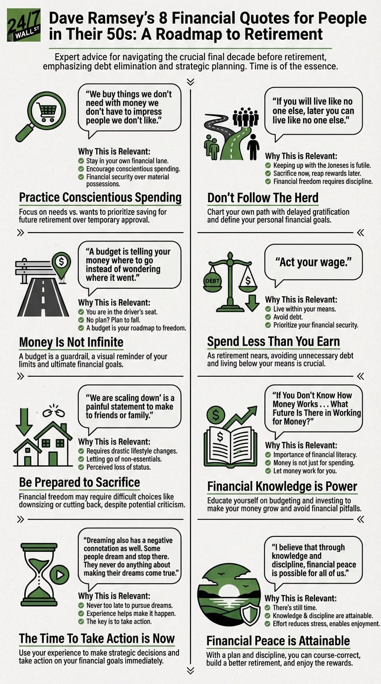 An infographic outlines Dave Ramsey's 8 financial quotes for people in their 50s, using icons and text to illustrate principles for retirement planning.