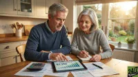 A smiling senior couple is seated at a wooden kitchen table, reviewing financial documents. The man, with gray hair and a blue sweater, points to a tablet screen displaying 'Retirement Savings $1.2M' and an upward trending bar graph. The woman, with gray hair and a beige sweater, is taking notes in a white spiral notebook with a silver pen. A calculator and loose papers are spread across the table. Sunlight streams through a large window in the background, showing a vibrant green garden.