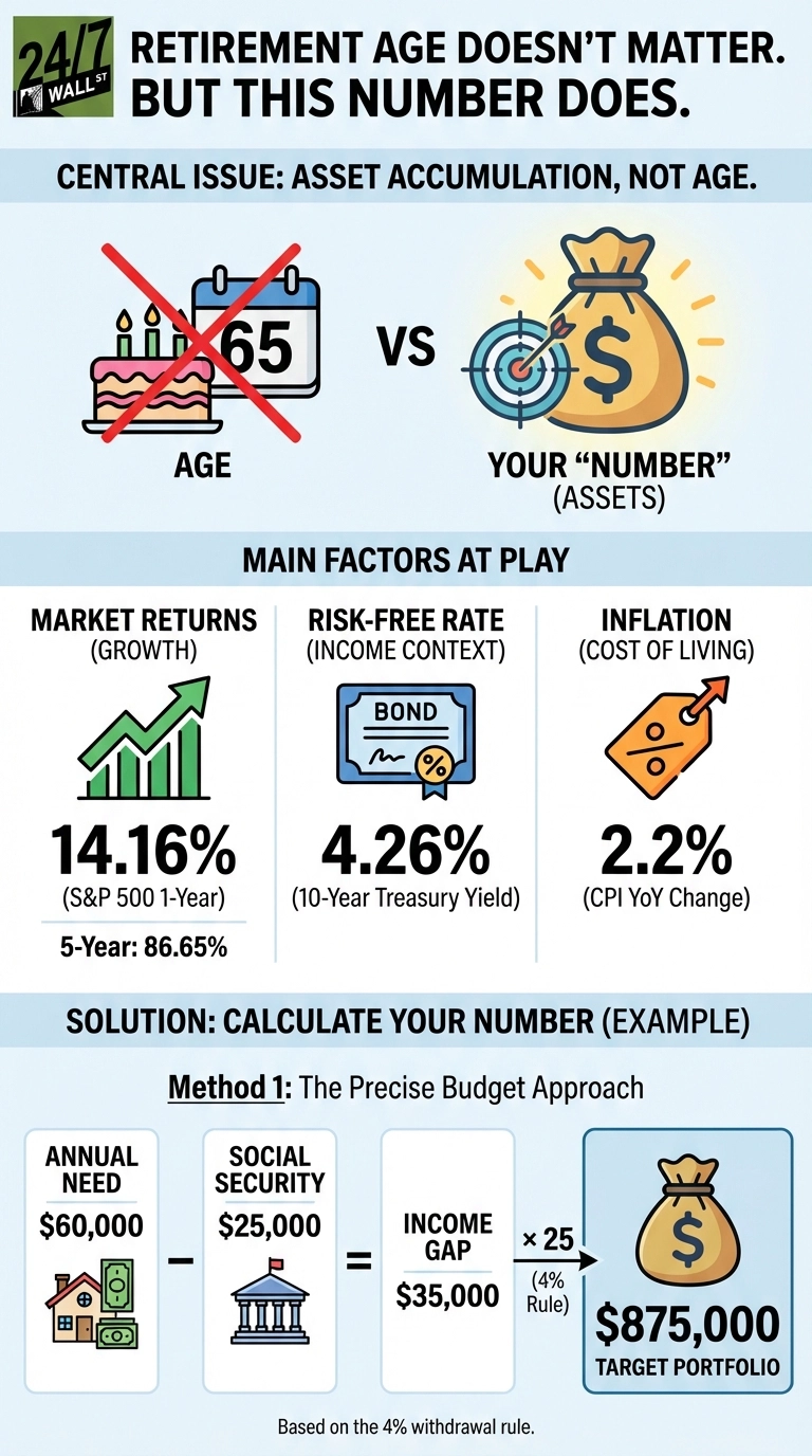 An infographic titled 'Retirement Age Doesn't Matter. But This Number Does.' It features a light blue and white color scheme. The top section, 'Central Issue: Asset Accumulation, Not Age,' visually contrasts a crossed-out calendar with '65' and a birthday cake (representing Age) against a money bag inside a target (representing 'Your Number' - Assets). The middle section, 'Main Factors at Play,' displays three data points: Market Returns (Growth) with a green upward bar chart, showing S&P 500 1-Year at 14.16% and 5-Year at 86.65%; Risk-Free Rate (Income Context) with a bond icon, showing 10-Year Treasury Yield at 4.26%; and Inflation (Cost of Living) with a price tag icon, showing CPI YoY Change at 2.2%. The bottom section, 'Solution: Calculate Your Number (Example),' presents 'Method 1: The Precise Budget Approach.' It illustrates a calculation: Annual Need of $60,000 (represented by a house and cash) minus Social Security of $25,000 (represented by a government building) equals an Income Gap of $35,000. This Income Gap is multiplied by 25 (labeled '4% Rule') to arrive at a Target Portfolio of $875,000 (represented by a money bag). The infographic concludes by stating it is 'Based on the 4% withdrawal rule.'