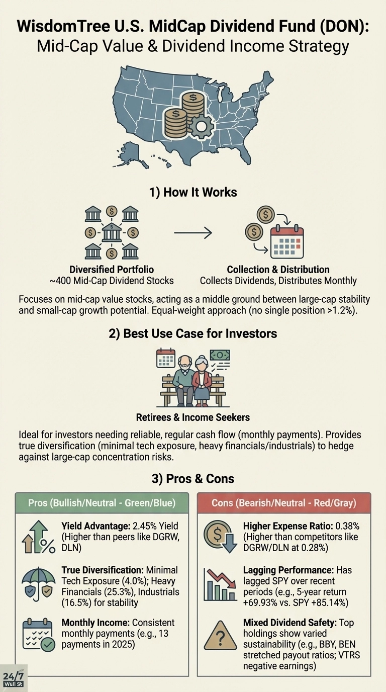 Infographic titled 'WisdomTree U.S. MidCap Dividend Fund (DON): Mid-Cap Value & Dividend Income Strategy' on a light background. Section 1, 'How It Works,' illustrates a diversified portfolio of approximately 400 mid-cap dividend stocks, represented by buildings with dollar signs, flowing into a collection and distribution process shown by dollar signs falling into a calendar, emphasizing monthly distributions. Section 2, 'Best Use Case for Investors,' features an elderly couple on a bench with a calendar and money bag, identifying 'Retirees & Income Seekers' as the target audience, highlighting reliable, regular cash flow and true diversification. Section 3, 'Pros & Cons,' is presented in two columns: 'Pros (Bullish/Neutral - Green/Blue)' lists a 2.45% yield advantage, true diversification with minimal tech exposure (4.0%) and heavy financials (25.3%) and industrials (16.5%), and consistent monthly income (e.g., 13 payments in 2025). The 'Cons (Bearish/Neutral - Red/Gray)' column details a higher expense ratio of 0.38% (vs. competitors like DGRW/DLN at 0.28%), lagging performance (e.g., 5-year return +69.93% vs. SPY +85.14%), and mixed dividend safety with varied sustainability among top holdings.