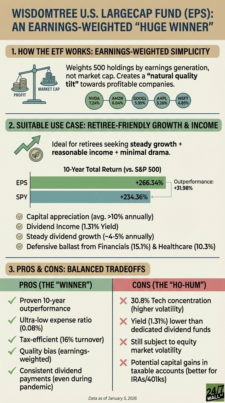 Infographic titled 'WisdomTree U.S. LargeCap Fund (EPS): An Earnings-Weighted 'Huge Winner''. It is divided into three sections. Section 1, 'How the ETF Works: Earnings-Weighted Simplicity', displays an illustration of a scale balancing 'PROFIT' (gold coins) against 'MARKET CAP' (buildings), explaining that EPS weights holdings by earnings generation. It lists top holdings: NVDA (7.24%), AMZN (6.04%), GOOGL (5.95%), AAPL (5.26%), MSFT (4.85%). Section 2, 'Suitable Use Case: Retiree-Friendly Growth & Income', features a horizontal bar chart comparing 10-Year Total Return (vs. S&P 500): EPS at +266.34% and SPY at +234.36%, with EPS outperforming by +31.98%. Bullet points with checkmarks list benefits: Capital appreciation (avg. >10% annually), Dividend Income (1.31% Yield), Steady dividend growth (~4-5% annually), Defensive ballast from Financials (15.1%) & Healthcare (10.3%). Section 3, 'Pros & Cons: Balanced Tradeoffs', is presented as a two-column table. 'Pros (The 'Winner')' include: Proven 10-year outperformance, Ultra-low expense ratio (0.08%), Tax-efficient (16% turnover), Quality bias (earnings-weighted), Consistent dividend payments. 'Cons (The 'Ho-Hum')' include: 30.8% Tech concentration (higher volatility), Yield (1.31%) lower than dedicated dividend funds, Still subject to equity market volatility, Potential capital gains in taxable accounts (better for IRAs/401ks). Data as of January 5, 2026 is at the bottom.