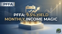 A financial graphic on a dark blue background with glowing light effects. Dominant text in the center reads 'PFFA: 9.5% YIELD MONTHLY INCOME MAGIC'. Above the main text, a golden calendar icon with a checkmark is shown alongside a golden upward-trending arrow graph. Below the text, three stacks of golden coins are arranged on a white tiered pedestal. In the top-left corner, a 'PFFA' logo is displayed in a white box, and the bottom-right corner features the '24/7 Wall St' logo.