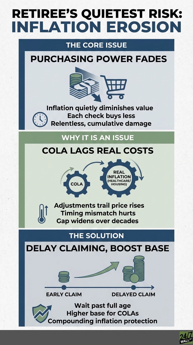 An infographic titled 'Retiree's Quietest Risk: Inflation Erosion' is divided into three sections. The first, 'The Core Issue: Purchasing Power Fades', shows money turning into a shopping cart with a downward arrow, symbolizing that inflation diminishes value and checks buy less, with an accompanying clock icon. The second section, 'Why It Is An Issue: COLA Lags Real Costs', depicts two interlocking gears, one labeled 'COLA' and the other 'REAL INFLATION (HEALTHCARE/HOUSING)', with arrows showing real inflation outpacing COLA, indicating adjustments trail price rises. A thermometer with an upward arrow reinforces this point. The third section, 'The Solution: Delay Claiming, Boost Base', illustrates a timeline showing 'EARLY CLAIM' with a small stack of coins and 'DELAYED CLAIM' with a much larger, growing stack of coins, indicating that waiting past full age leads to a higher base for COLAs and compounding inflation protection. A shield icon represents protection.