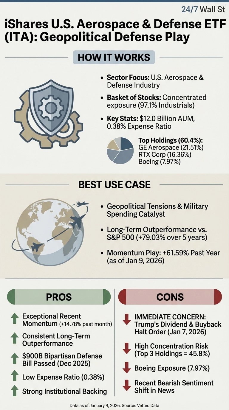 An infographic detailing the iShares U.S. Aerospace & Defense ETF (ITA) as a Geopolitical Defense Play. It is divided into 'HOW IT WORKS,' 'BEST USE CASE,' 'PROS,' and 'CONS' sections. 'HOW IT WORKS' describes the sector focus, concentrated stock basket, and key stats including $12.0 Billion AUM and 0.38% expense ratio, with a pie chart showing top holdings (GE Aerospace 21.51%, RTX Corp 16.36%, Boeing 7.97%). 'BEST USE CASE' highlights geopolitical tensions, long-term outperformance (+79.03% over 5 years), and a momentum play (+61.59% past year). The 'PROS' section, marked with green upward arrows, lists exceptional recent momentum, consistent long-term outperformance, the $900B Bipartisan Defense Bill, low expense ratio, and strong institutional backing. The 'CONS' section, marked with red downward arrows, lists Trump's dividend & buyback halt order, high concentration risk (Top 3 Holdings = 45.8%), Boeing exposure, and recent bearish sentiment. Data is as of January 9, 2026.