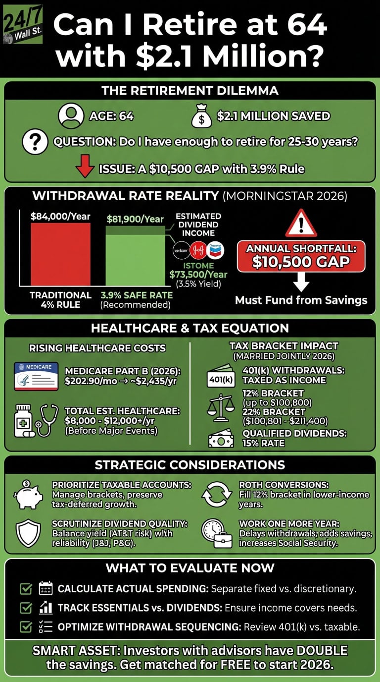 An infographic analyzing if a 64-year-old with $2.1 million can retire, highlighting a $10,500 annual income gap, rising healthcare costs, tax implications, and strategic financial planning advice.