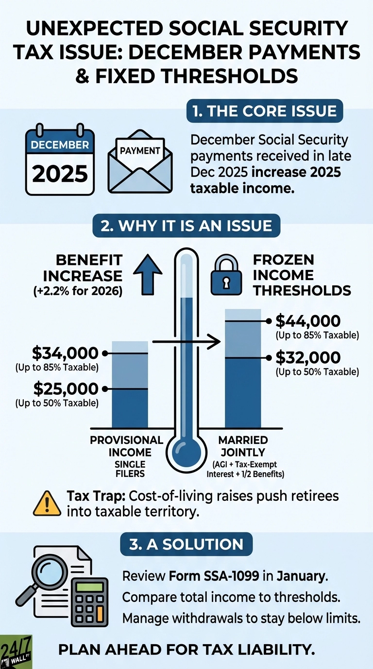 An infographic titled 'Unexpected Social Security Tax Issue: December Payments & Fixed Thresholds'. Section 1, 'The Core Issue', shows a December 2025 calendar and a payment envelope, explaining that December 2025 Social Security payments received in late 2025 increase 2025 taxable income. Section 2, 'Why It Is An Issue', highlights 'Benefit Increase (+2.2% for 2026)' with an upward arrow and 'Frozen Income Thresholds' with a lock icon. A thermometer graphic points to two bar charts representing provisional income thresholds: 'Single Filers' with $25,000 (Up to 50% Taxable) and $34,000 (Up to 85% Taxable), and 'Married Jointly' with $32,000 (Up to 50% Taxable) and $44,000 (Up to 85% Taxable). A 'Tax Trap' warning states: 'Cost-of-living raises push retirees into taxable territory.' Section 3, 'A Solution', displays a magnifying glass on a document and a calculator, listing three steps: 'Review Form SSA-1099 in January.', 'Compare total income to thresholds.', and 'Manage withdrawals to stay below limits.' The infographic concludes with 'PLAN AHEAD FOR TAX LIABILITY.'