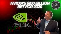 A promotional graphic titled 'NVIDIA'S $100 BILLION BET FOR 2026' in glowing white text. Below the title, the green NVIDIA logo and 'NVIDIA®' text are displayed over a stock candlestick chart with red and green bars showing an upward trend. A man in a blue plaid shirt and dark suit jacket is on the right, smiling and pointing skyward, suggesting optimism. The background features a red and green gradient with a hexagonal grid pattern and a dashed red line indicating rising market momentum. An 'AI INVESTOR PODCAST' logo is in the top right corner.