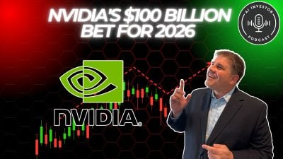 A promotional graphic titled 'NVIDIA'S $100 BILLION BET FOR 2026' in glowing white text. Below the title, the green NVIDIA logo and 'NVIDIA®' text are displayed over a stock candlestick chart with red and green bars showing an upward trend. A man in a blue plaid shirt and dark suit jacket is on the right, smiling and pointing skyward, suggesting optimism. The background features a red and green gradient with a hexagonal grid pattern and a dashed red line indicating rising market momentum. An 'AI INVESTOR PODCAST' logo is in the top right corner.