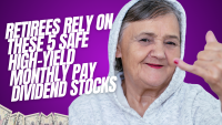 A smiling older woman with gray hair, wearing a white hooded sweatshirt, makes a 'call me' gesture with her right hand, which has a red painted pinky nail. The background is a vibrant purple, with large white text overlaid that reads: 'RETIREES RELY ON THESE 5 SAFE HIGH-YIELD MONTHLY PAY DIVIDEND STOCKS.' Fanned US dollar bills are partially visible at the bottom left.