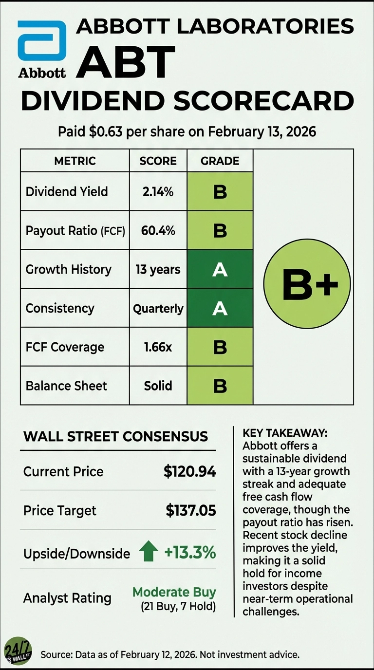 An infographic titled 'ABBOTT LABORATORIES ABT DIVIDEND SCORECARD' with a subtitle stating 'Paid $0.63 per share on February 13, 2026'. The main section is a table with three columns: 'METRIC', 'SCORE', and 'GRADE'. The rows are: Dividend Yield (2.14%, Grade B), Payout Ratio (FCF) (60.4%, Grade B), Growth History (13 years, Grade A), Consistency (Quarterly, Grade A), FCF Coverage (1.66x, Grade B), and Balance Sheet (Solid, Grade B). To the right of the table, a large green circle displays an overall dividend grade of 'B+'. Below the table, a section titled 'WALL STREET CONSENSUS' lists: Current Price ($120.94), Price Target ($137.05), Upside/Downside (+13.3% indicated by a green upward arrow), and Analyst Rating (Moderate Buy, based on 21 Buy and 7 Hold ratings). To the right of the consensus, a 'KEY TAKEAWAY' text box summarizes Abbott's sustainable dividend. The source states 'Data as of February 12, 2026. Not investment advice.'