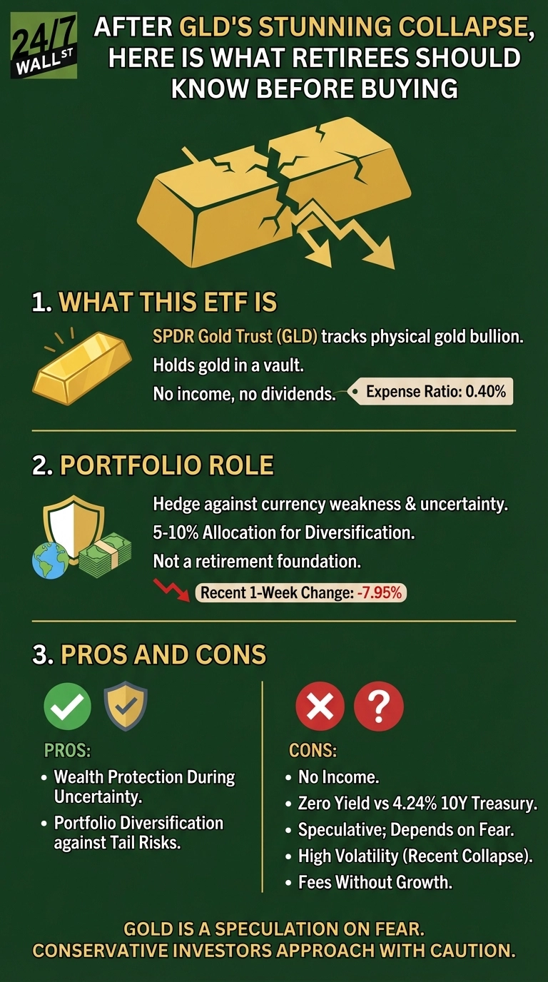 A dark green infographic titled 'AFTER GLD'S STUNNING COLLAPSE, HERE IS WHAT RETIREES SHOULD KNOW BEFORE BUYING.' It features an illustration of a shattered gold bar with downward arrows, symbolizing a market collapse. The infographic is divided into three sections. Section 1, 'WHAT THIS ETF IS,' shows a gold bar icon and states: 'SPDR Gold Trust (GLD) tracks physical gold bullion,' 'Holds gold in a vault,' 'No income, no dividends,' and 'Expense Ratio: 0.40%.' Section 2, 'PORTFOLIO ROLE,' displays icons of a shield, globe, and cash, with text: 'Hedge against currency weakness & uncertainty,' '5-10% Allocation for Diversification,' 'Not a retirement foundation,' and 'Recent 1-Week Change: -7.95%' highlighted with a red downward arrow. Section 3, 'PROS AND CONS,' is presented in two columns. The 'PROS' column, marked with a green checkmark and shield icon, lists: 'Wealth Protection During Uncertainty' and 'Portfolio Diversification against Tail Risks.' The 'CONS' column, marked with a red 'X' and question mark icon, lists: 'No Income,' 'Zero Yield vs 4.24% 10Y Treasury,' 'Speculative; Depends on Fear,' 'High Volatility (Recent Collapse),' and 'Fees Without Growth.' A concluding statement at the bottom reads: 'GOLD IS A SPECULATION ON FEAR. CONSERVATIVE INVESTORS APPROACH WITH CAUTION.'