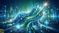 A digital abstract illustration featuring a futuristic cityscape in the background with glowing blue and green vertical lines. In the foreground and mid-ground, a complex network of interconnected nodes, flowing light trails, and circuit board patterns converge around a prominent microchip and a smartphone. Upward-pointing arrows, abstract bar graphs, and glowing plus symbols are integrated into the vibrant blue and green composition, emphasizing technology, data, and growth.